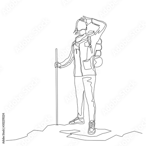 Continuous one line woman traveler looks around with hiking backpack and stick. Travel and journey theme. Vector