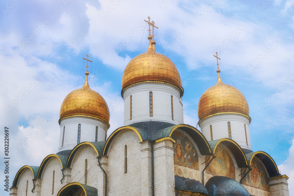 Assumption Cathedral - an Orthodox church of the Moscow Kremlin located on Cathedral Square, is included in the State Historical and Cultural Museum-Reserve - the Kremlin, Moscow, Russia in June 2019