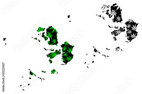 Incheon (South Korea, Republic of Korea, ROK) map is designed cannabis leaf green and black, Incheon Metropolitan City (Inchon) map made of marijuana (marihuana,THC) foliage....