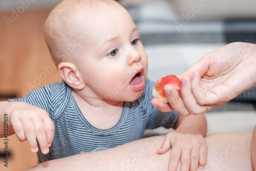 Toddler boy eats a peach with mom's hands.