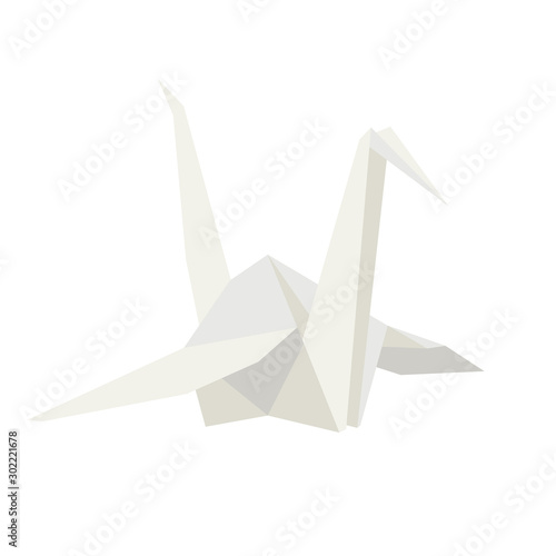 Origami white paper crane, vector illustration on white background