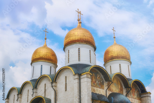 Assumption Cathedral - an Orthodox church of the Moscow Kremlin located on Cathedral Square, is included in the State Historical and Cultural Museum-Reserve - the Kremlin, Moscow, Russia in June 2019