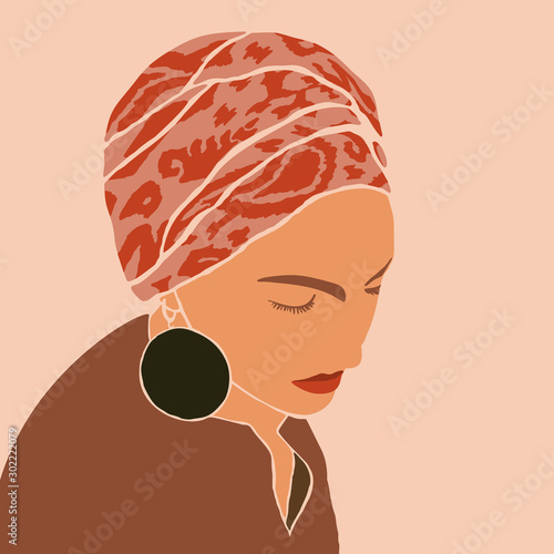 Woman in the turban and big earrings in Minimal Style. Abstract Contemporary collage in a modern trendy style. Vector Portrait of a female. For Beauty Concept, t-Shirt, card, poster, social media post