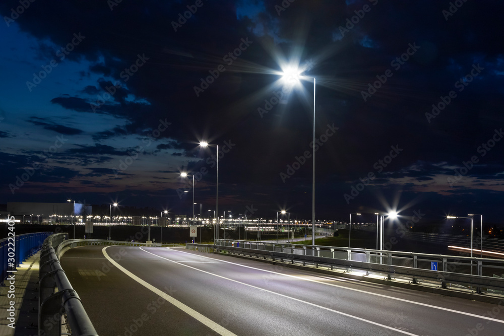 night empty road with modern LED street light