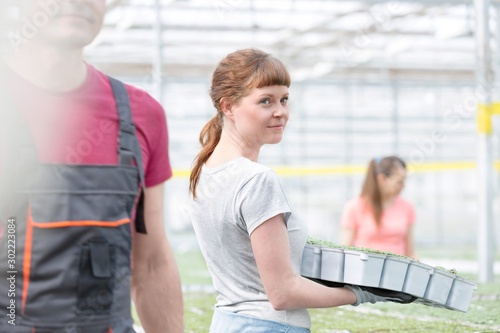 Confident young female botanist carrying seedlings by coworker in greenhouse