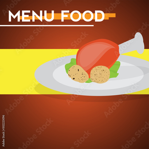 Chicken leg and potatoes. Food menu - Vector illustration