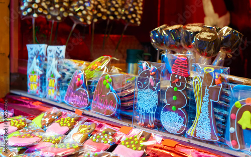 Gingerbread souvenirs at the traditional European Christmas market in Old Riga, Latvia