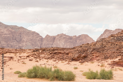 Desert, red mountains, rocks and cloudy sky. Egypt, color canyon.