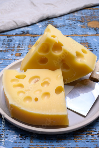 Cheese collection, french hard cheese with holes emmentaler