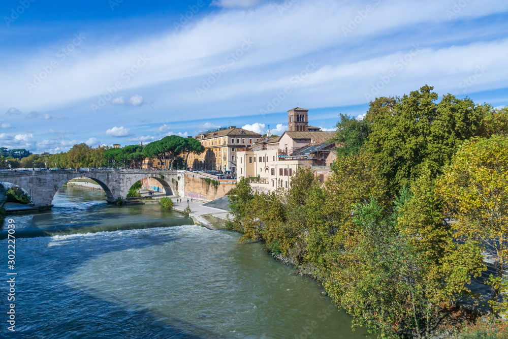 View of the Tiber Island from the Palatine Bridge, Rome Italy
