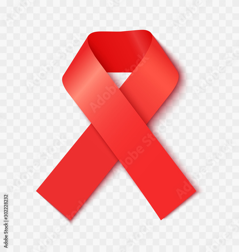 AIDS awareness ribbon realistic vector illustration. HIV virus prevention and acquired immune deficiency syndrome concern symbol. Red color silk ribbon isolated on transparent background