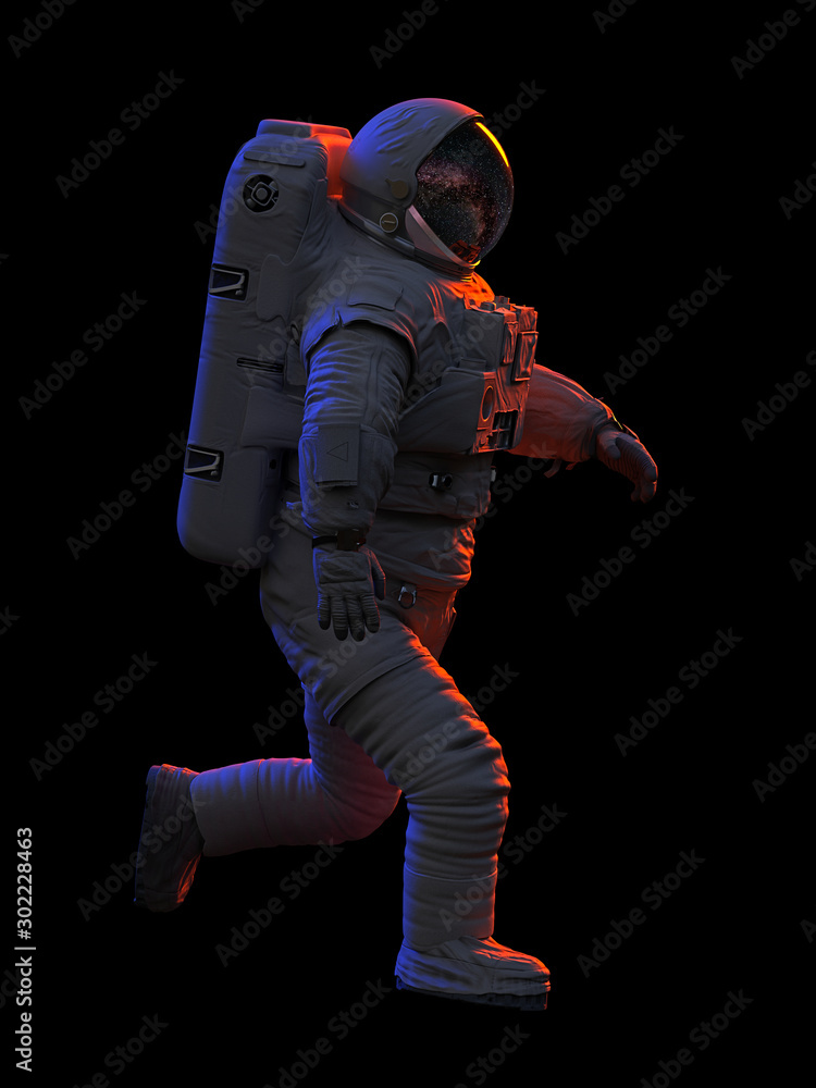 running astronaut, isolated on black background 