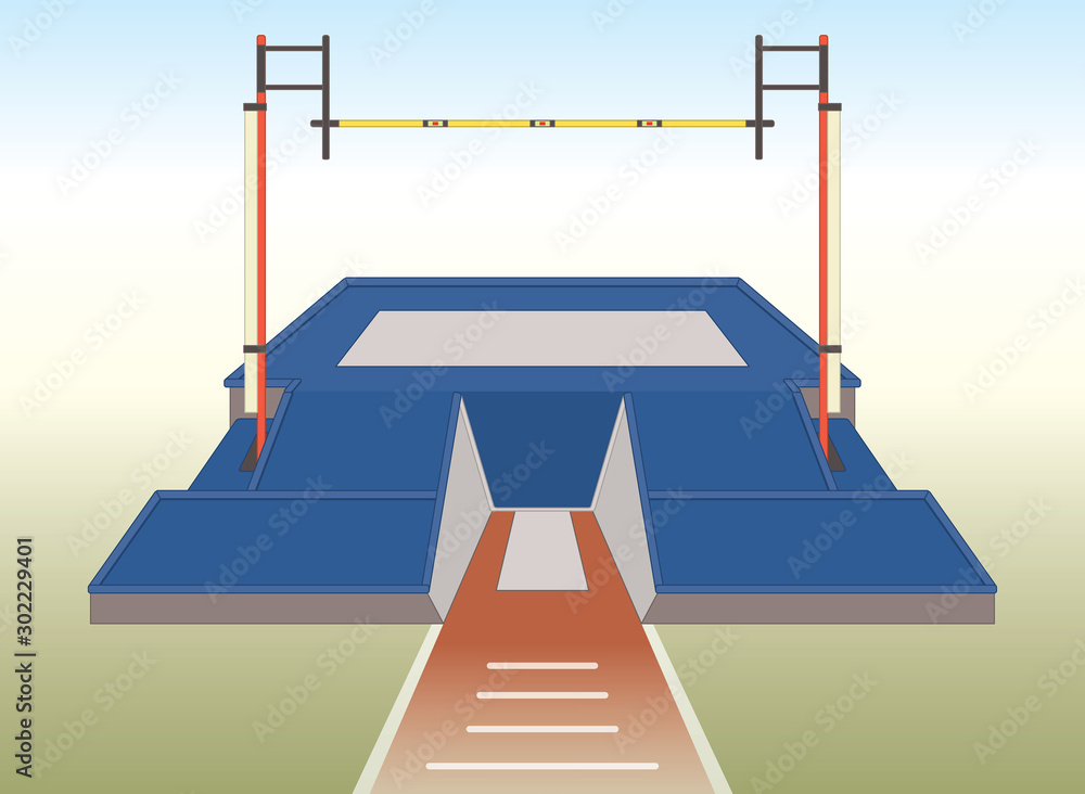 pole vaulting landing pad and pit with sky and grass background Stock