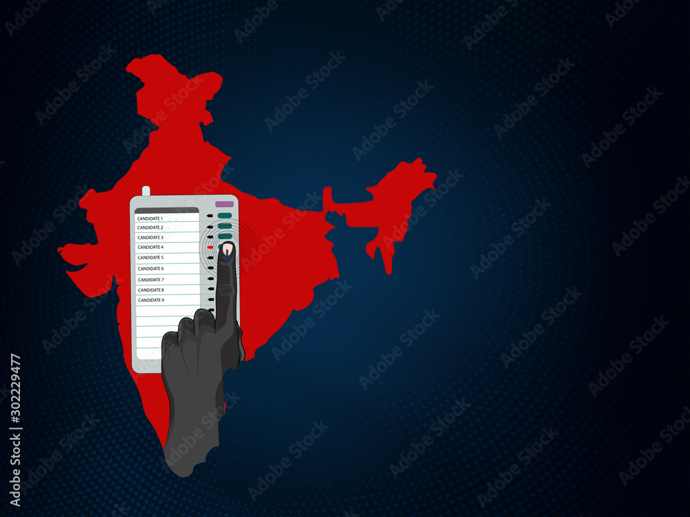 India election background, hand pressing Electronic Voting Machine, India  map, vote for India, illustration isolated on dark background Stock  Illustration | Adobe Stock