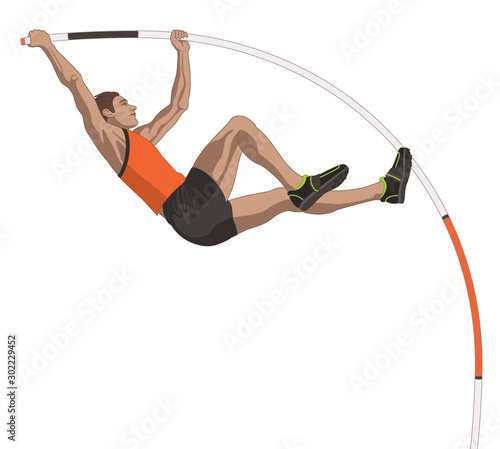 male pole vaulter, vaulting in mid air isolated on a white background