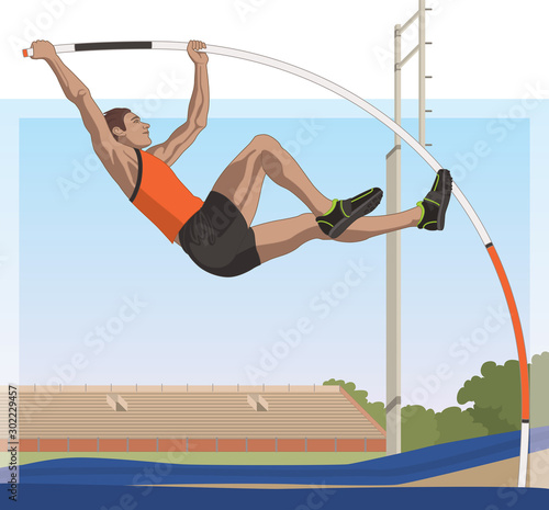 male pole vaulter, vaulting in mid air with track and field in the background