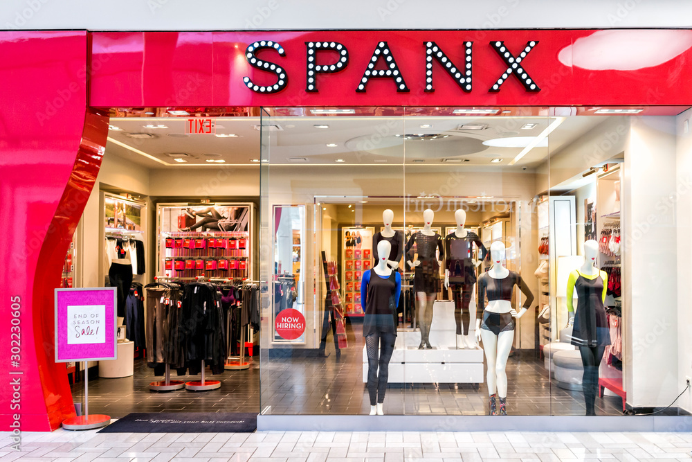 Tysons, USA - January 26, 2018: Spanx store sign entrance with vibrant red,  pink color display in Tyson's Corner Mall in Fairfax, Virginia by Mclean  Stock Photo