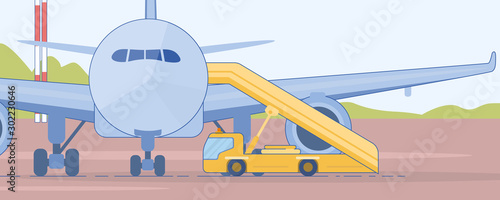 Stair Truck near Passenger Airliner Flat Vector