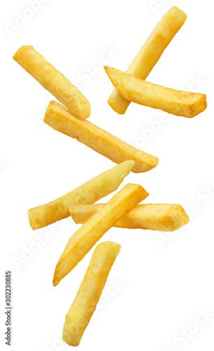 Flying french potato fries, isolated on white background