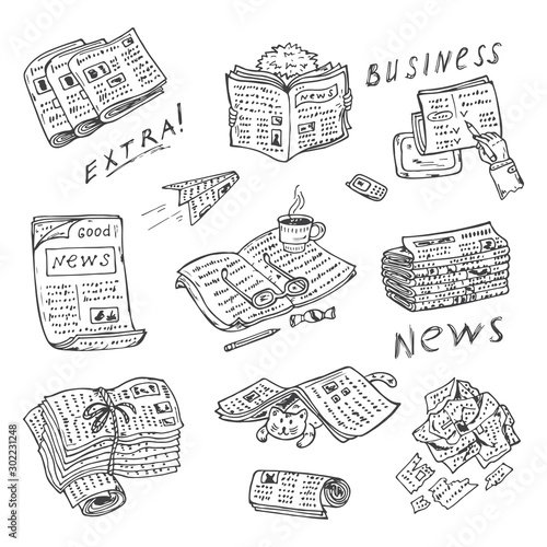 Newspaper vector icons. Newspapers set: stacks and rolls of newspapers and magazines - Hand Drawn Doodles illustration 