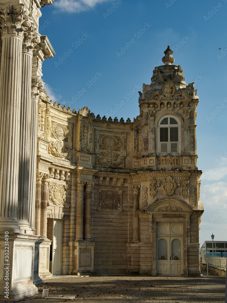 The beautiful and famous Dolmabahce Palace with blue sky in Istanbul, Turkey.