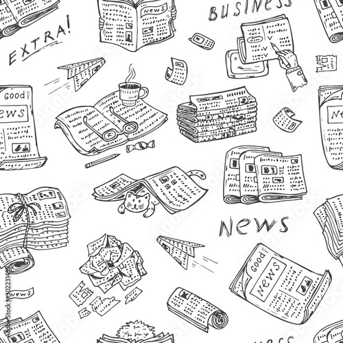 Press. Newspapers. Vector Seamless pattern: stacks and rolls of newspapers and magazines - Hand Drawn Doodles illustration