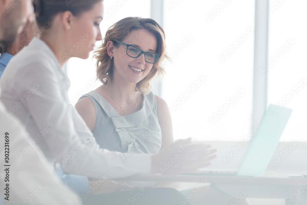 Smiling attractive businesswoman looking at her colleagues laptop in office