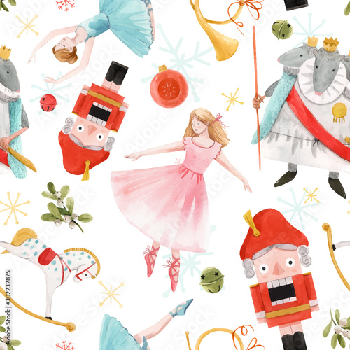 Watercolor vector christmas winter nutcracker fairy tale ballet seamless pattern