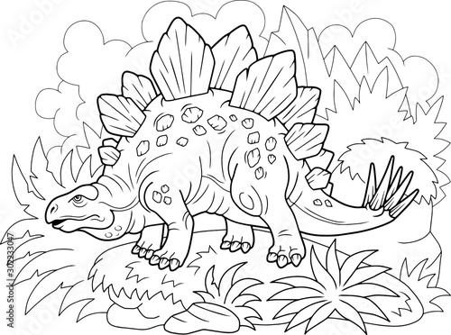 Cartoon prehistoric dinosaur stegosaurus, coloring book, funny illustration