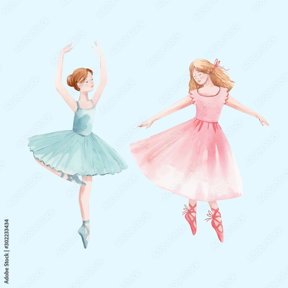 Watercolor vector retro cute dancing girls ballet nutcracker ballerina