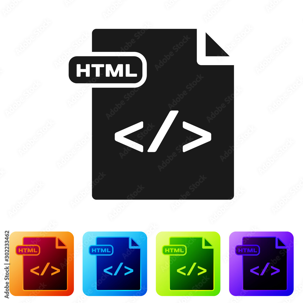 Black HTML file document. Download html button icon isolated on white  background. HTML file symbol. Markup language symbol. Set icons in color  square buttons. Vector Illustration Stock Vector | Adobe Stock