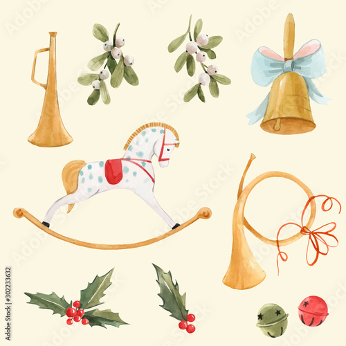 Watercolor vector nice christmas set with baby rocking horse golden bell trumpet holly flowers and berries isolated elements