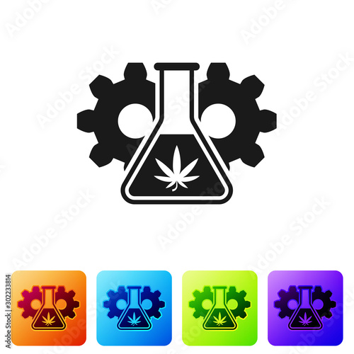 Black Chemical test tube with marijuana or cannabis leaf icon isolated on white background. Research concept. Laboratory CBD oil concept. Set icons in color square buttons. Vector Illustration