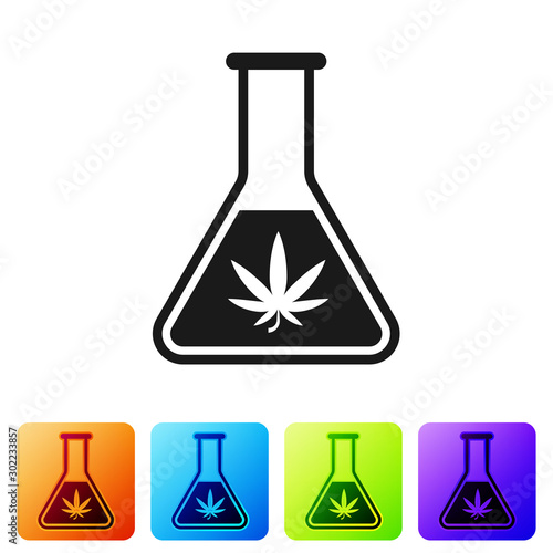 Black Chemical test tube with marijuana or cannabis leaf icon isolated on white background. Research concept. Laboratory CBD oil concept. Set icons in color square buttons. Vector Illustration
