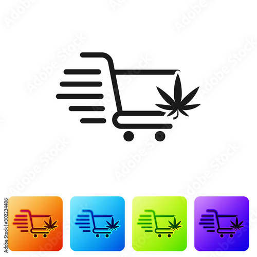 Black Shopping cart with marijuana or cannabis leaf icon isolated on white background. Online buying. Delivery service. Supermarket basket. Set icons in color square buttons. Vector Illustration