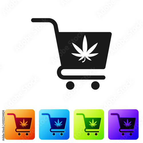 Black Shopping cart with marijuana or cannabis leaf icon isolated on white background. Online buying. Delivery service. Supermarket basket. Set icons in color square buttons. Vector Illustration