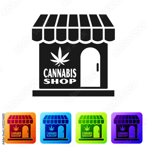 Black Marijuana and cannabis store icon isolated on white background. Equipment and accessories for smoking, storing medical cannabis. Set icons in color square buttons. Vector Illustration