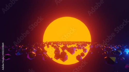 Abstract animated background with orange shining sun and blue purple rock polygon on black background in the space galaxy. Sun light. Aura