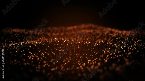 Abstract premium orange wave animated motion graphic on black background, seamless loop. Animation. Gold particles move on middle backdrop.
