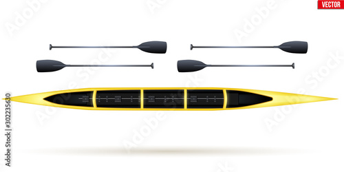 Four canoe and paddles for water sports. Top view of Equipment whitewater sprint canoeing. Vector Illustration isolated on white background.