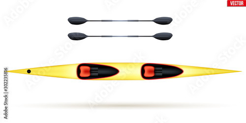 Double Kayak and paddle for water sports. Top view of Equipment whitewater sprint kayaking. Vector Illustration isolated on white background.