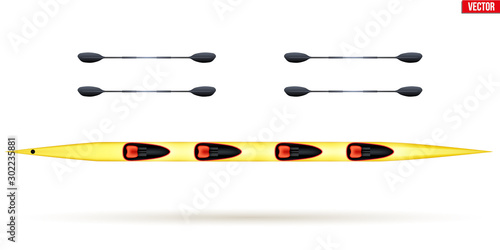 Four Kayak and paddle for water sports. Top view of Equipment whitewater sprint kayaking. Vector Illustration isolated on white background.