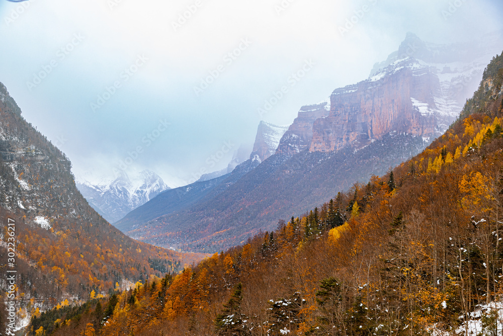 Ordesa National Valley in snowy autumn, located in Pyrenees Spain Ordesa National Valley in snowy autumn, located in Pyrenees Spain