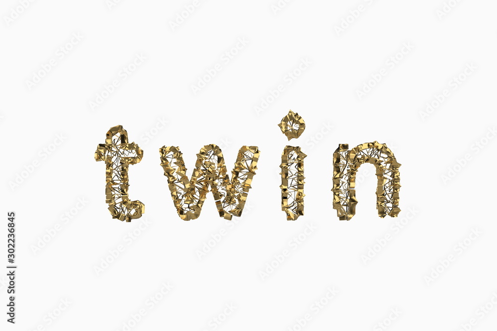 The word Twin is made by gold wired jewelry letters isolated on white background. 3D illustration image The word Twin is made by gold wired jewelry letters isolated on white background. 3D illustration image