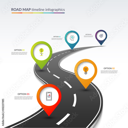Road map timeline infographic template with 5 colorful pin pointers on the way. Vector illustration