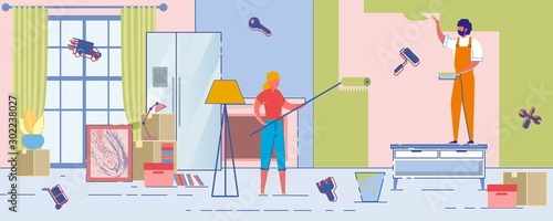 Cheerful New Dwellers Repair House and Paint Wall.