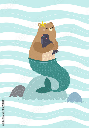 Illustration with the bear mermaid holding a cute little sea lion. Vector illustration in a Scandinavian style.