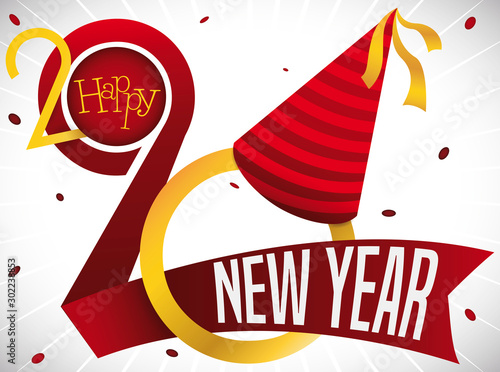 Party Hat over Sign ready for New Year 2020 Celebration, Vector Illustration