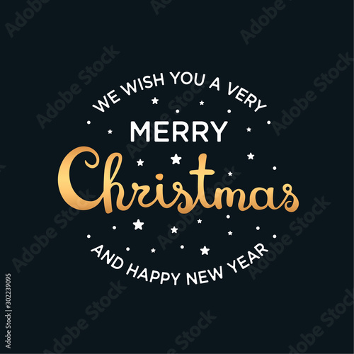 Merry Christmas and Happy New Year lettering template. Vector illustration of Christmas greeting card on dark background.