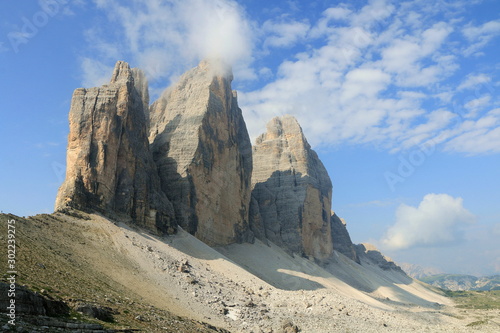 The three peaks of Lavaredo, also called the Drei Zinnen, are three distinctive battlement-like peaks, in the Sexten Dolomites of northeastern Italy. They are probably one of the best-known mountain 